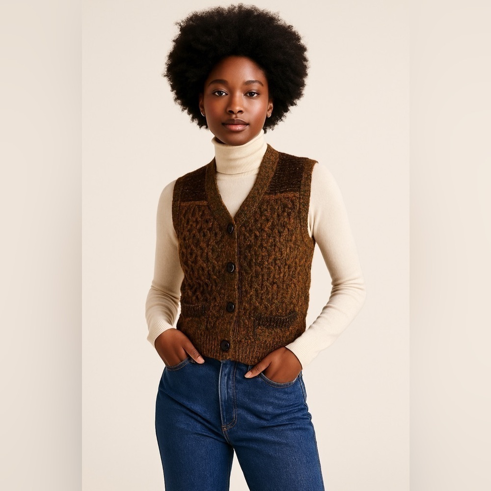 Curio vintage knit wool blend sleeveless sweater vest w/pockets boho.l retro. PL